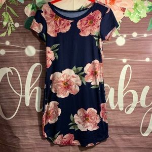 Cap-Sleeve Dress in Navy & Blush Floral